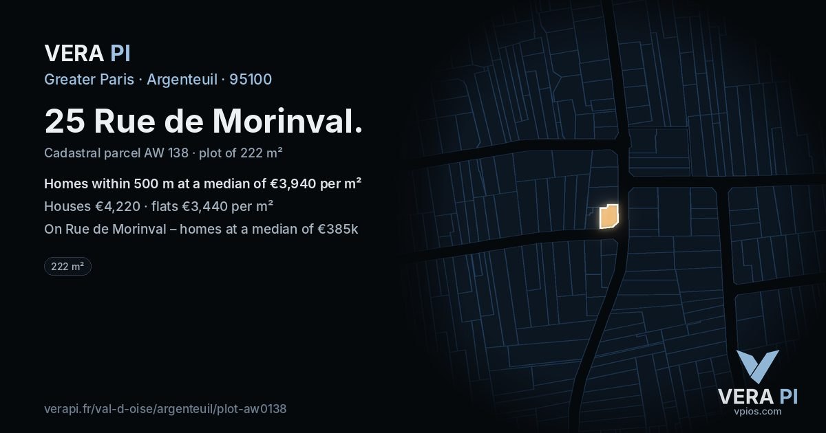 25 Rue de Morinval, Argenteuil at night – the plot lit, the parcels around coloured by the prices near them
