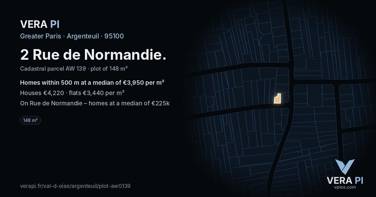 2 Rue de Normandie, Argenteuil at night – the plot lit, the parcels around coloured by the prices near them