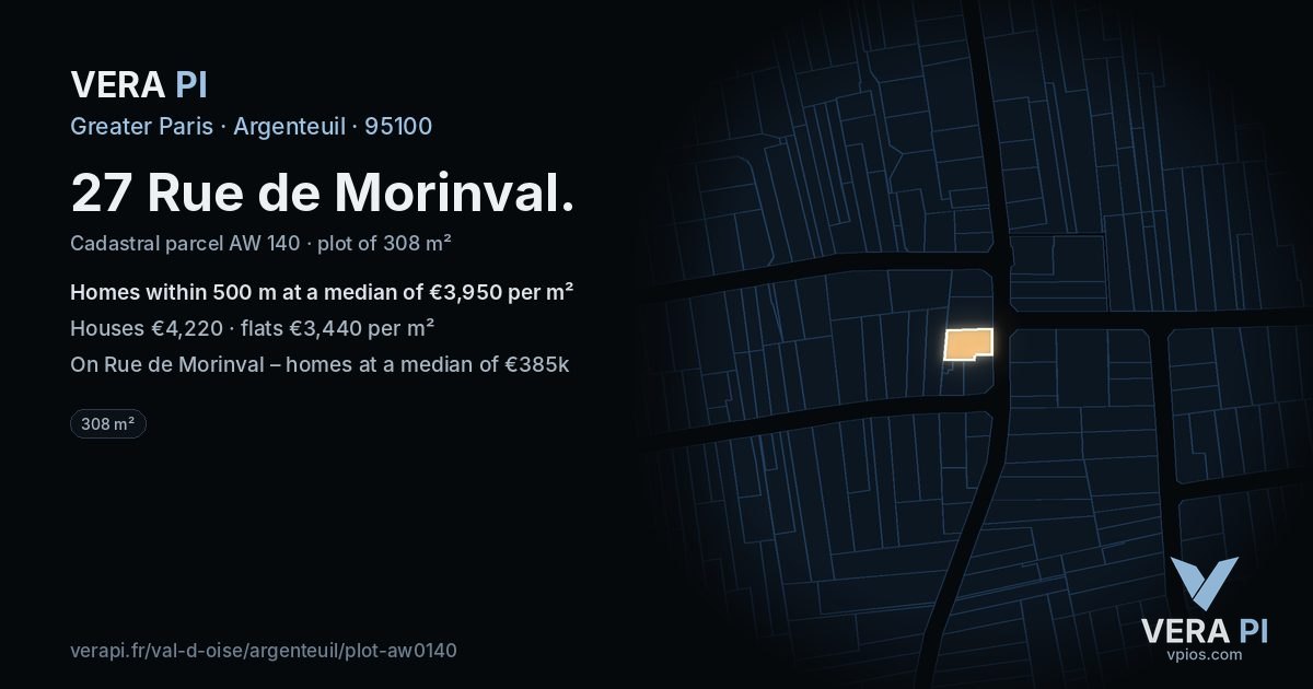 27 Rue de Morinval, Argenteuil at night – the plot lit, the parcels around coloured by the prices near them