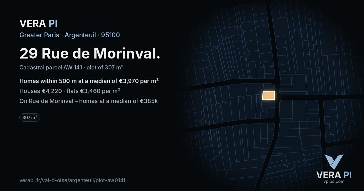 29 Rue de Morinval, Argenteuil at night – the plot lit, the parcels around coloured by the prices near them