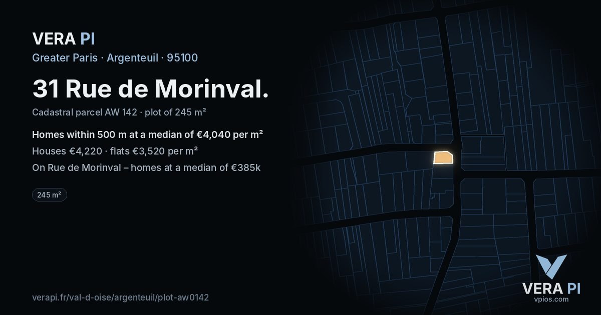 31 Rue de Morinval, Argenteuil at night – the plot lit, the parcels around coloured by the prices near them