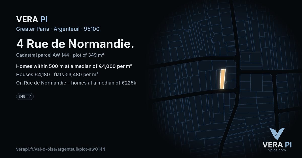4 Rue de Normandie, Argenteuil at night – the plot lit, the parcels around coloured by the prices near them