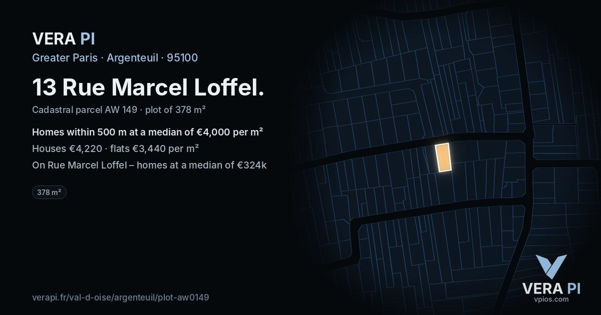 13 Rue Marcel Loffel, Argenteuil at night – the plot lit, the parcels around coloured by the prices near them