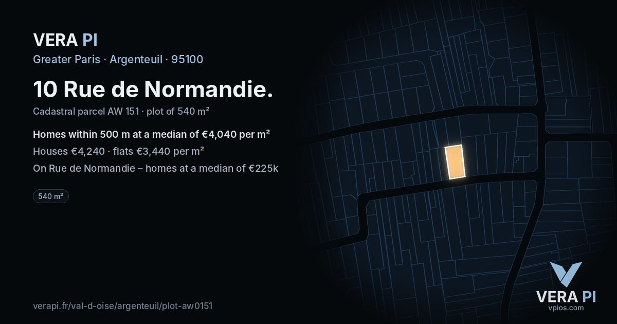 10 Rue de Normandie, Argenteuil at night – the plot lit, the parcels around coloured by the prices near them