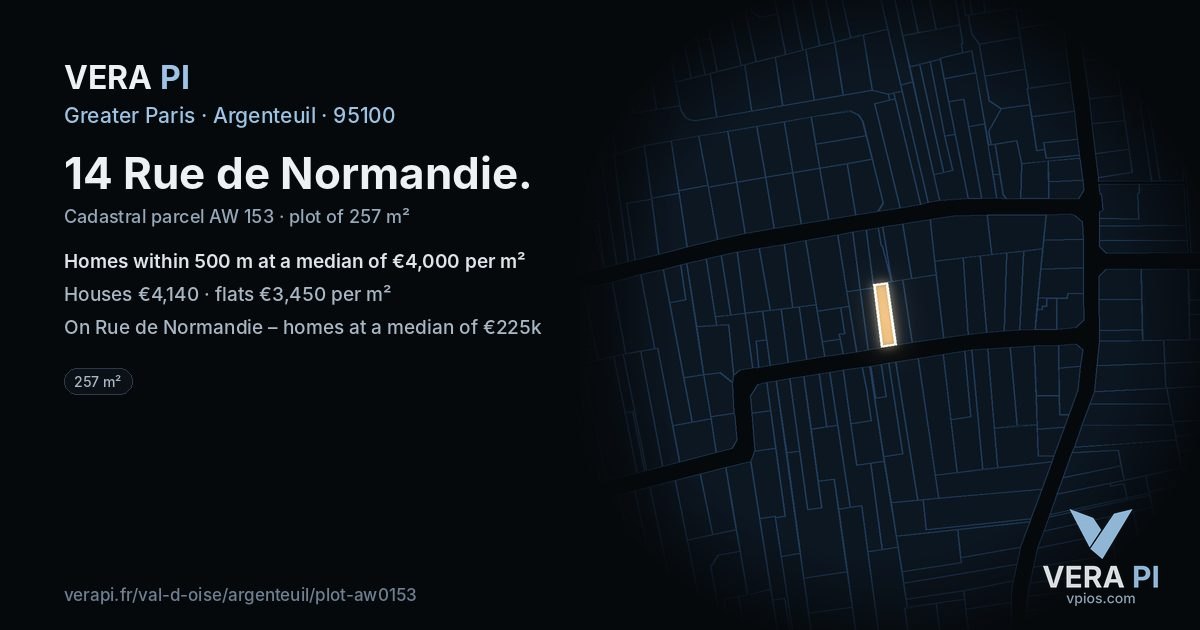 14 Rue de Normandie, Argenteuil at night – the plot lit, the parcels around coloured by the prices near them