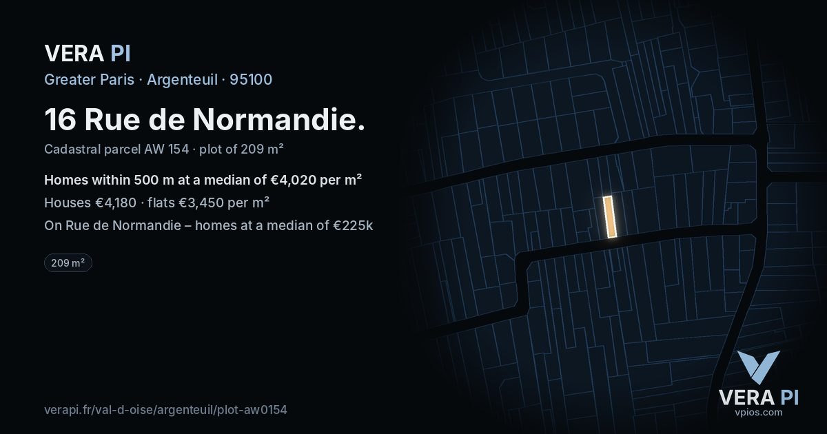 16 Rue de Normandie, Argenteuil at night – the plot lit, the parcels around coloured by the prices near them