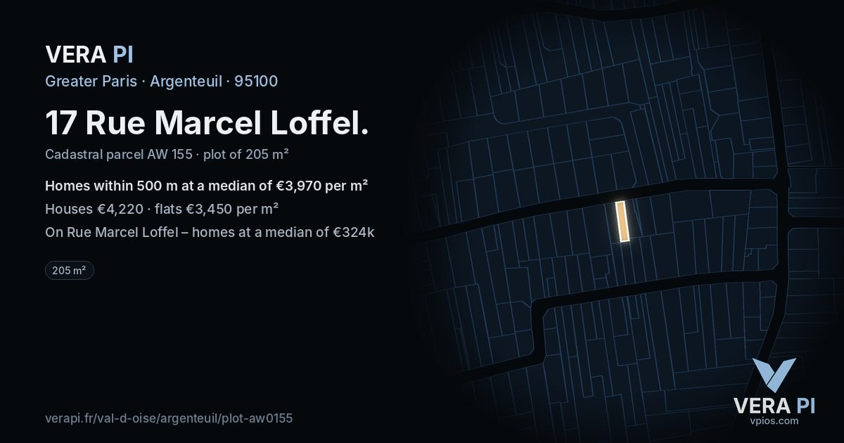 17 Rue Marcel Loffel, Argenteuil at night – the plot lit, the parcels around coloured by the prices near them