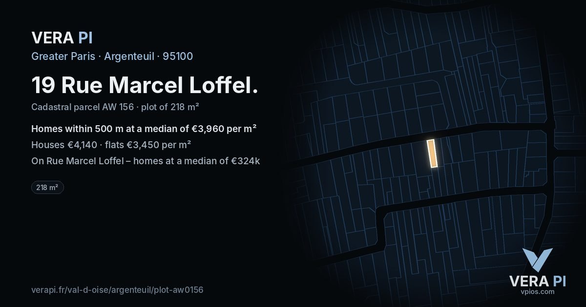 19 Rue Marcel Loffel, Argenteuil at night – the plot lit, the parcels around coloured by the prices near them