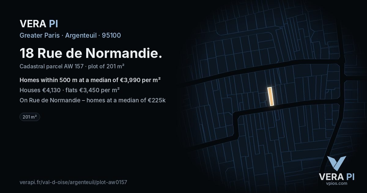 18 Rue de Normandie, Argenteuil at night – the plot lit, the parcels around coloured by the prices near them