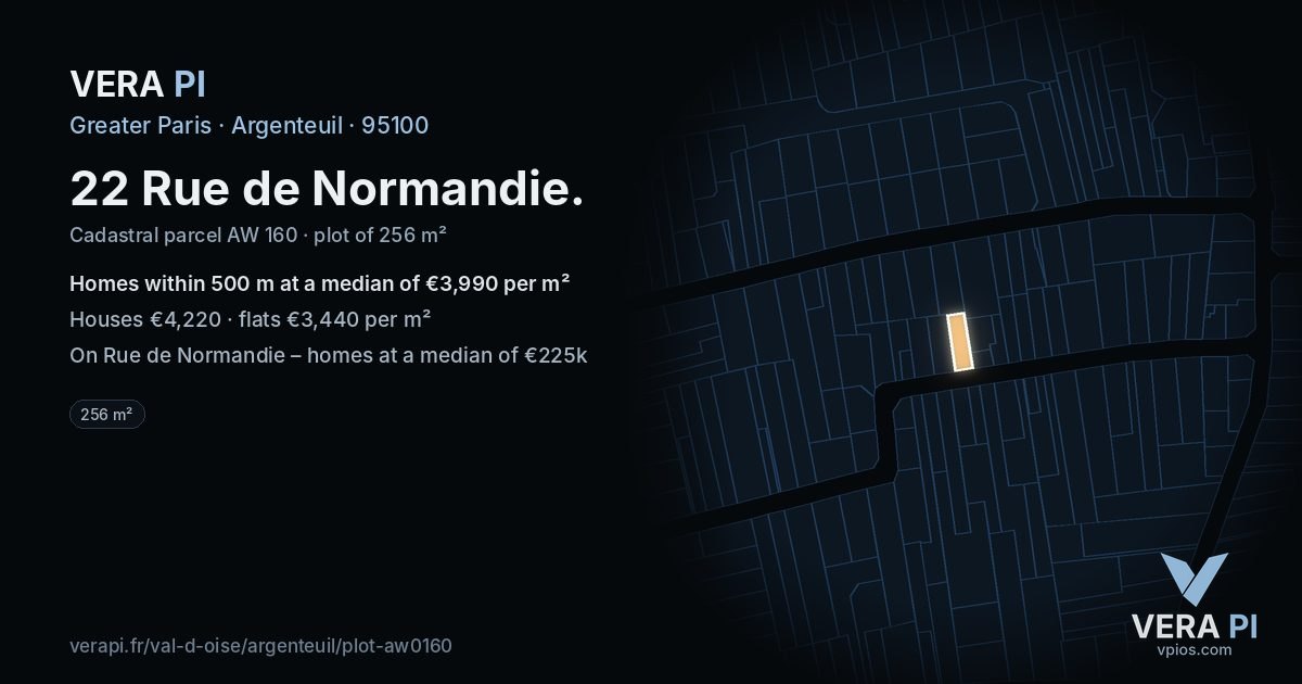 22 Rue de Normandie, Argenteuil at night – the plot lit, the parcels around coloured by the prices near them