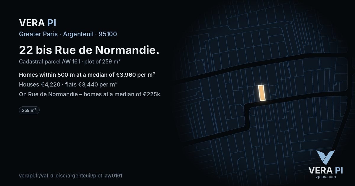 22 bis Rue de Normandie, Argenteuil at night – the plot lit, the parcels around coloured by the prices near them