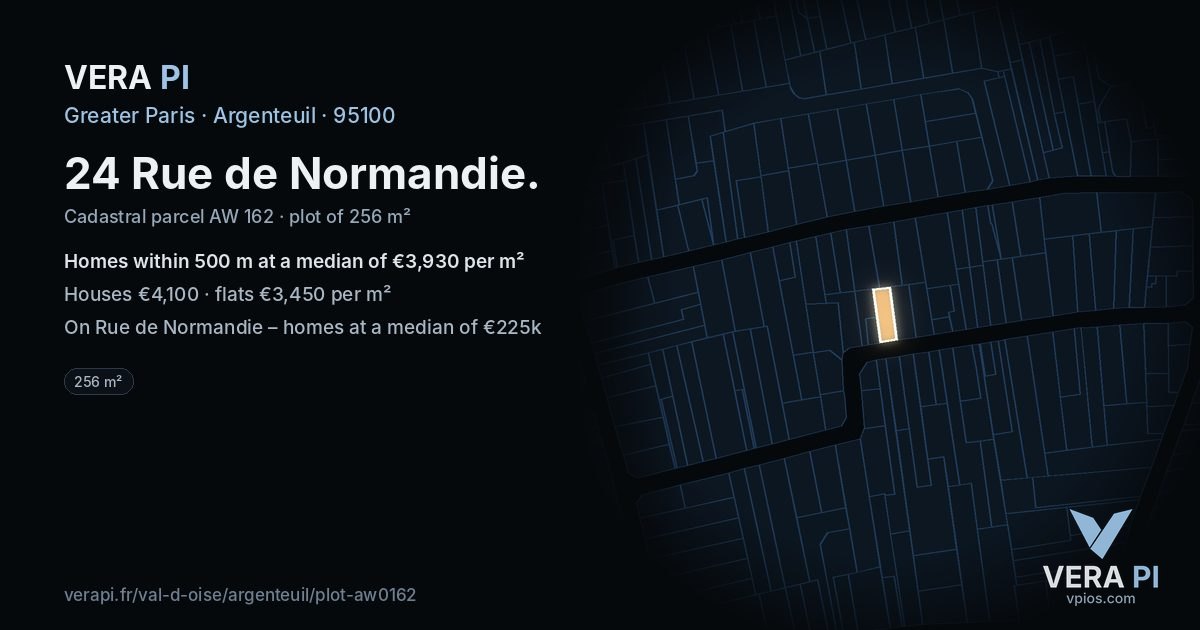 24 Rue de Normandie, Argenteuil at night – the plot lit, the parcels around coloured by the prices near them