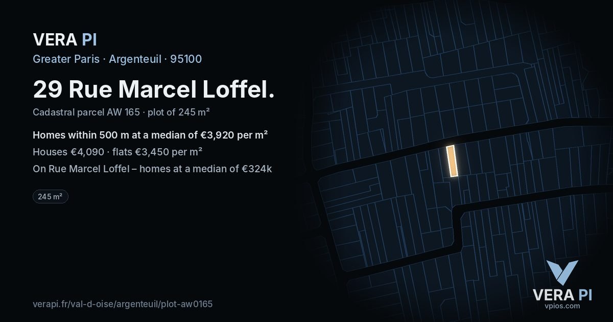 29 Rue Marcel Loffel, Argenteuil at night – the plot lit, the parcels around coloured by the prices near them