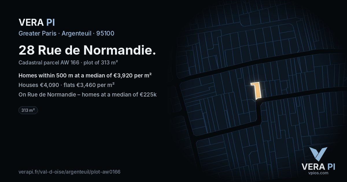 28 Rue de Normandie, Argenteuil at night – the plot lit, the parcels around coloured by the prices near them