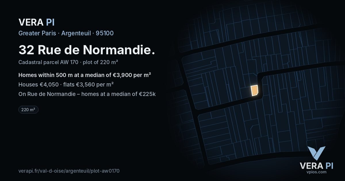 32 Rue de Normandie, Argenteuil at night – the plot lit, the parcels around coloured by the prices near them