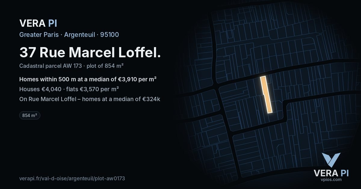 37 Rue Marcel Loffel, Argenteuil at night – the plot lit, the parcels around coloured by the prices near them