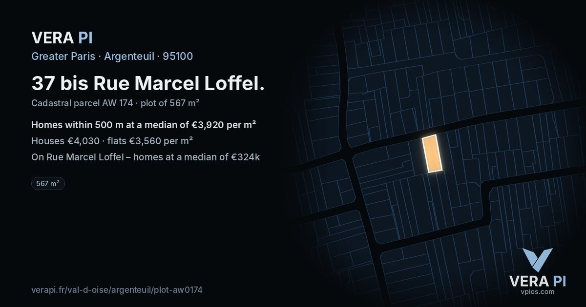 37 bis Rue Marcel Loffel, Argenteuil at night – the plot lit, the parcels around coloured by the prices near them