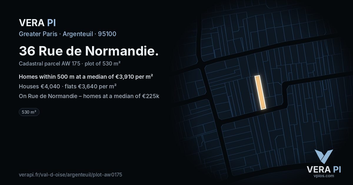 36 Rue de Normandie, Argenteuil at night – the plot lit, the parcels around coloured by the prices near them