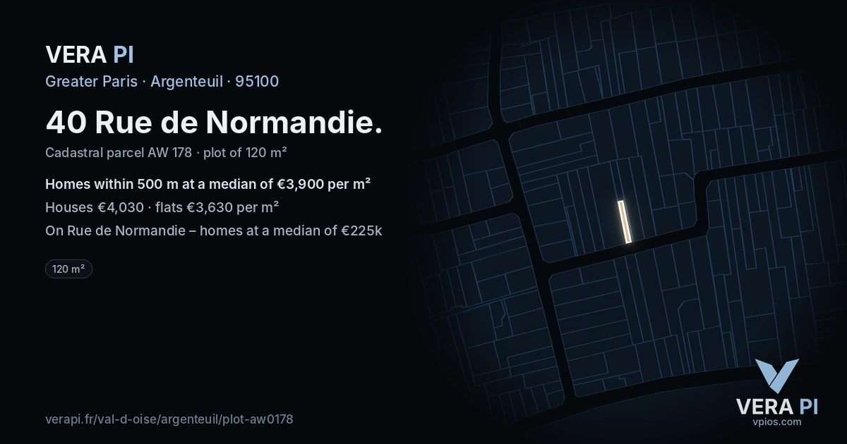 40 Rue de Normandie, Argenteuil at night – the plot lit, the parcels around coloured by the prices near them