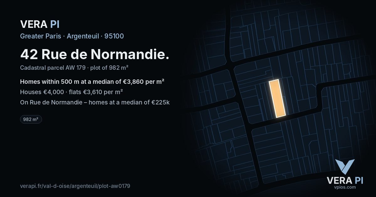 42 Rue de Normandie, Argenteuil at night – the plot lit, the parcels around coloured by the prices near them