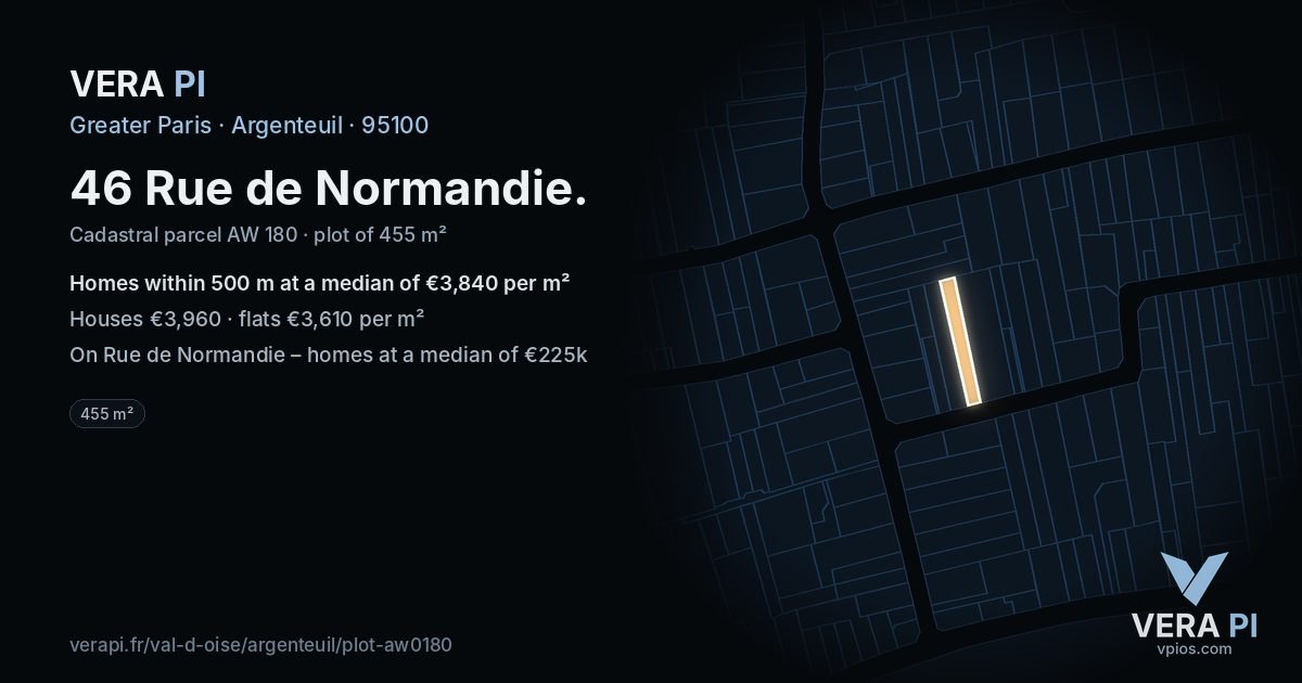 46 Rue de Normandie, Argenteuil at night – the plot lit, the parcels around coloured by the prices near them