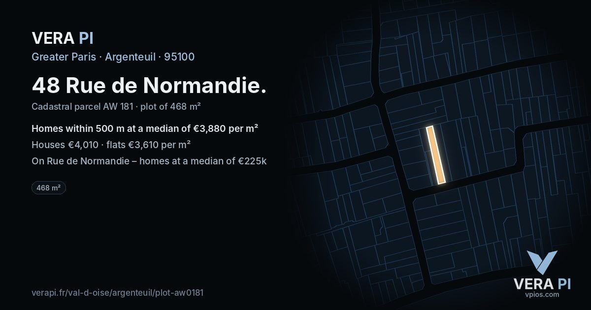 48 Rue de Normandie, Argenteuil at night – the plot lit, the parcels around coloured by the prices near them