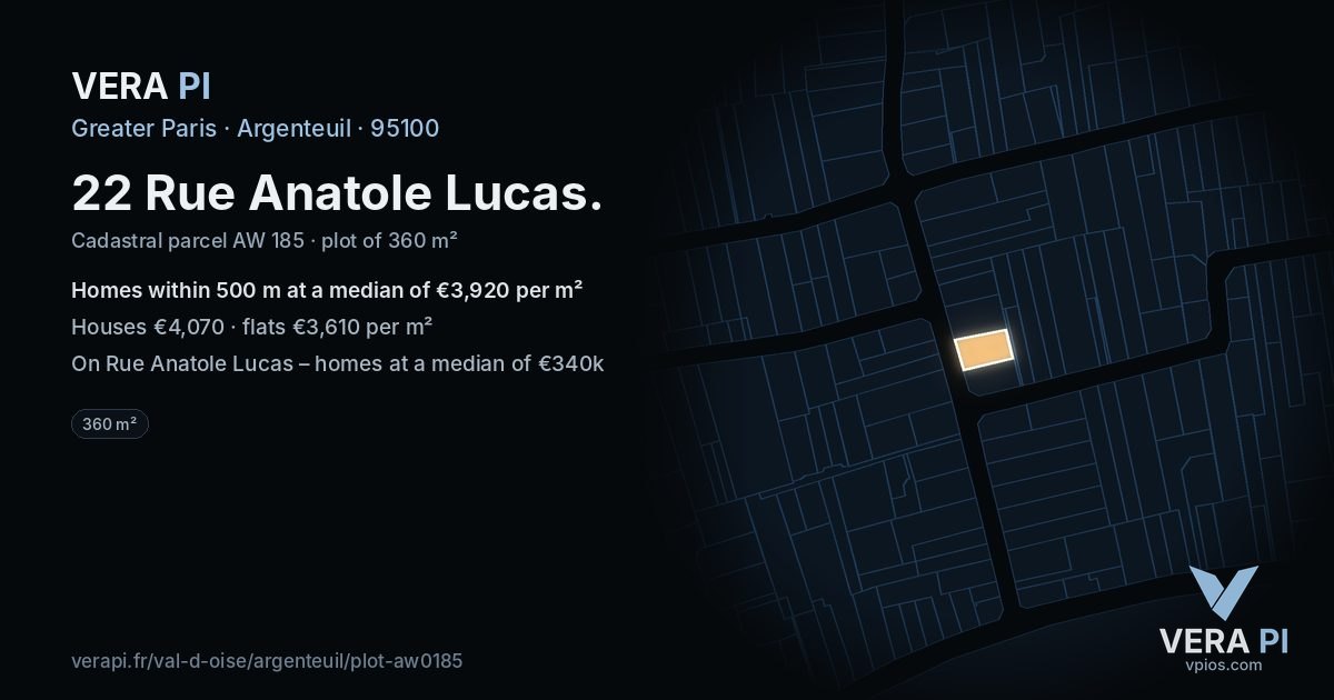 22 Rue Anatole Lucas, Argenteuil at night – the plot lit, the parcels around coloured by the prices near them