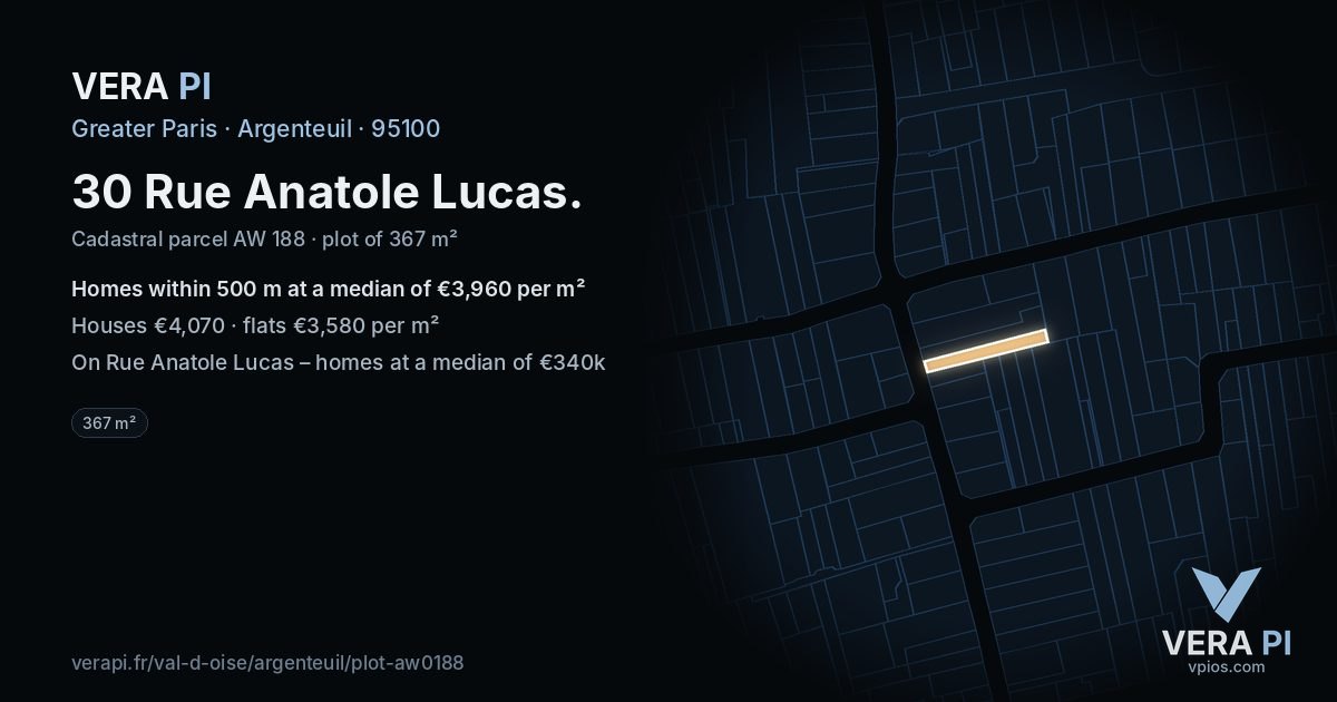 30 Rue Anatole Lucas, Argenteuil at night – the plot lit, the parcels around coloured by the prices near them