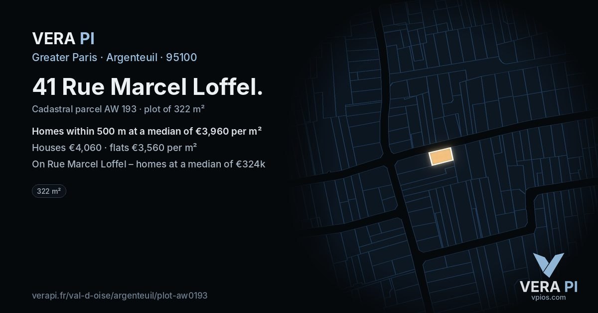 41 Rue Marcel Loffel, Argenteuil at night – the plot lit, the parcels around coloured by the prices near them