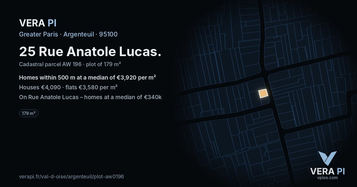 25 Rue Anatole Lucas, Argenteuil at night – the plot lit, the parcels around coloured by the prices near them
