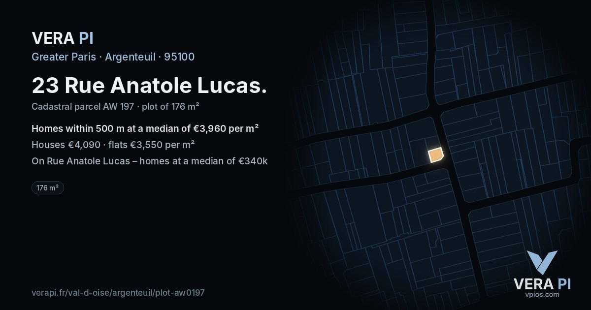 23 Rue Anatole Lucas, Argenteuil at night – the plot lit, the parcels around coloured by the prices near them