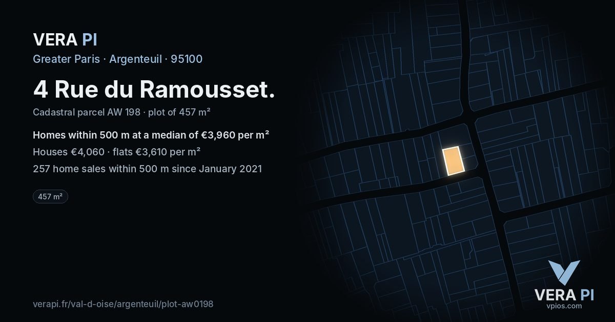 4 Rue du Ramousset, Argenteuil at night – the plot lit, the parcels around coloured by the prices near them