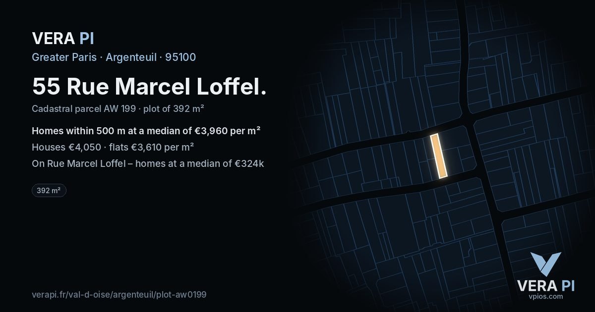 55 Rue Marcel Loffel, Argenteuil at night – the plot lit, the parcels around coloured by the prices near them