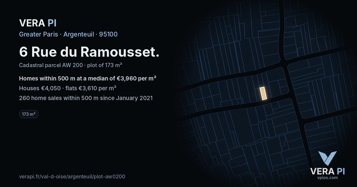 6 Rue du Ramousset, Argenteuil at night – the plot lit, the parcels around coloured by the prices near them