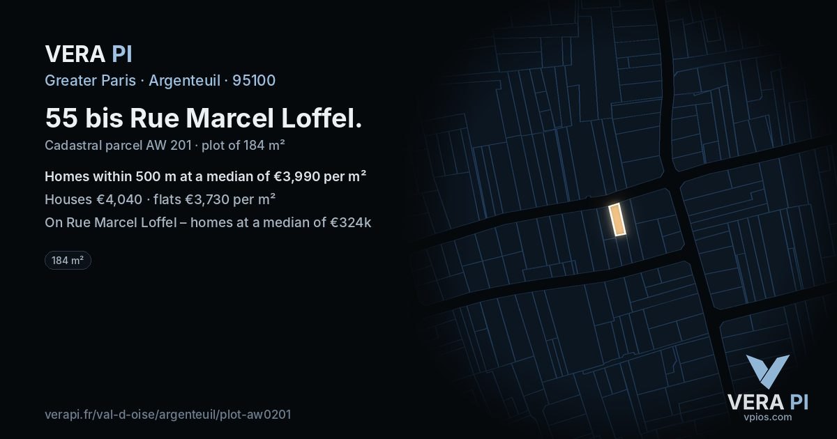 55 bis Rue Marcel Loffel, Argenteuil at night – the plot lit, the parcels around coloured by the prices near them