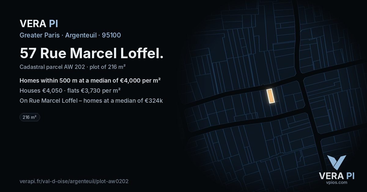 57 Rue Marcel Loffel, Argenteuil at night – the plot lit, the parcels around coloured by the prices near them