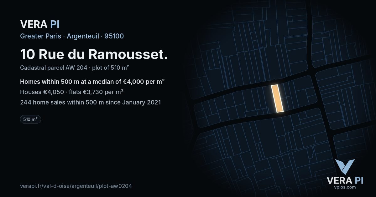 10 Rue du Ramousset, Argenteuil at night – the plot lit, the parcels around coloured by the prices near them