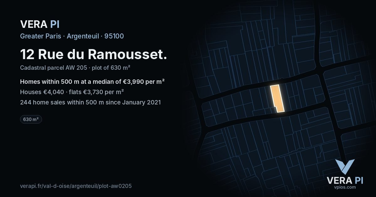 12 Rue du Ramousset, Argenteuil at night – the plot lit, the parcels around coloured by the prices near them