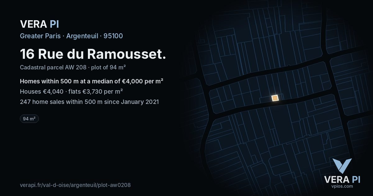 16 Rue du Ramousset, Argenteuil at night – the plot lit, the parcels around coloured by the prices near them