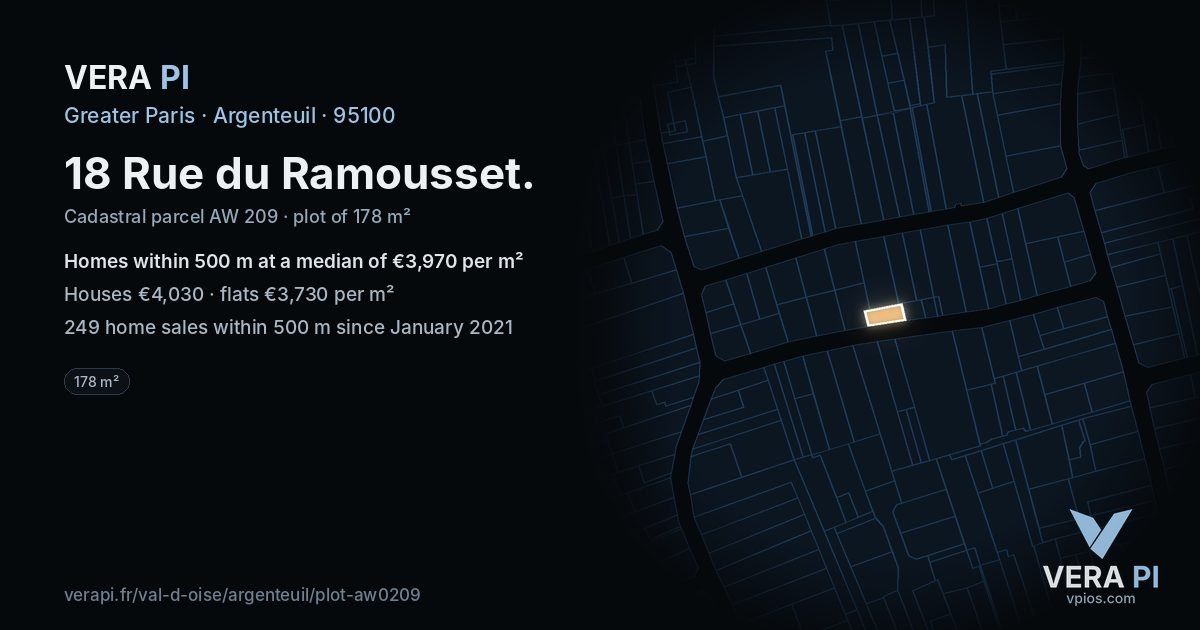 18 Rue du Ramousset, Argenteuil at night – the plot lit, the parcels around coloured by the prices near them