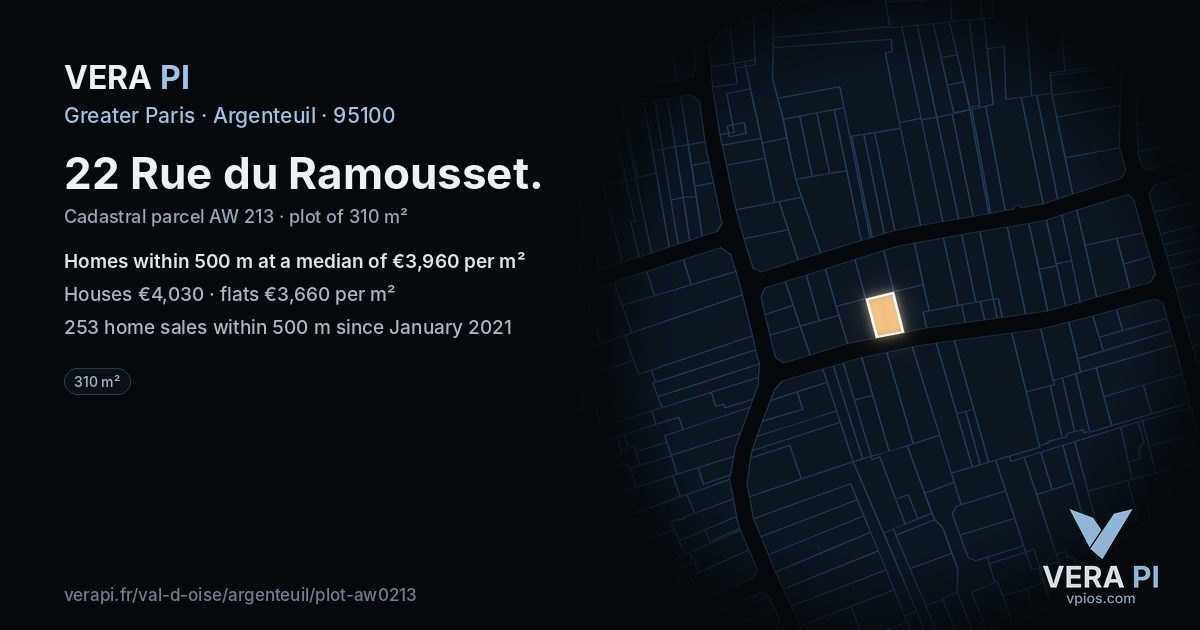 22 Rue du Ramousset, Argenteuil at night – the plot lit, the parcels around coloured by the prices near them
