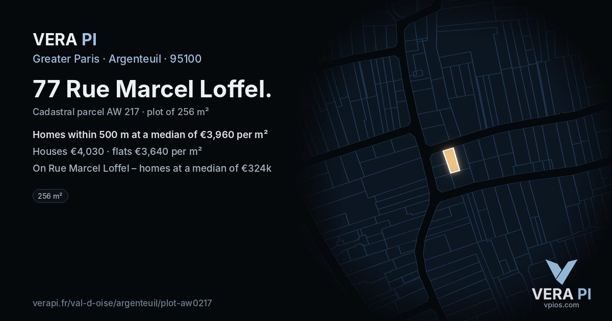77 Rue Marcel Loffel, Argenteuil at night – the plot lit, the parcels around coloured by the prices near them