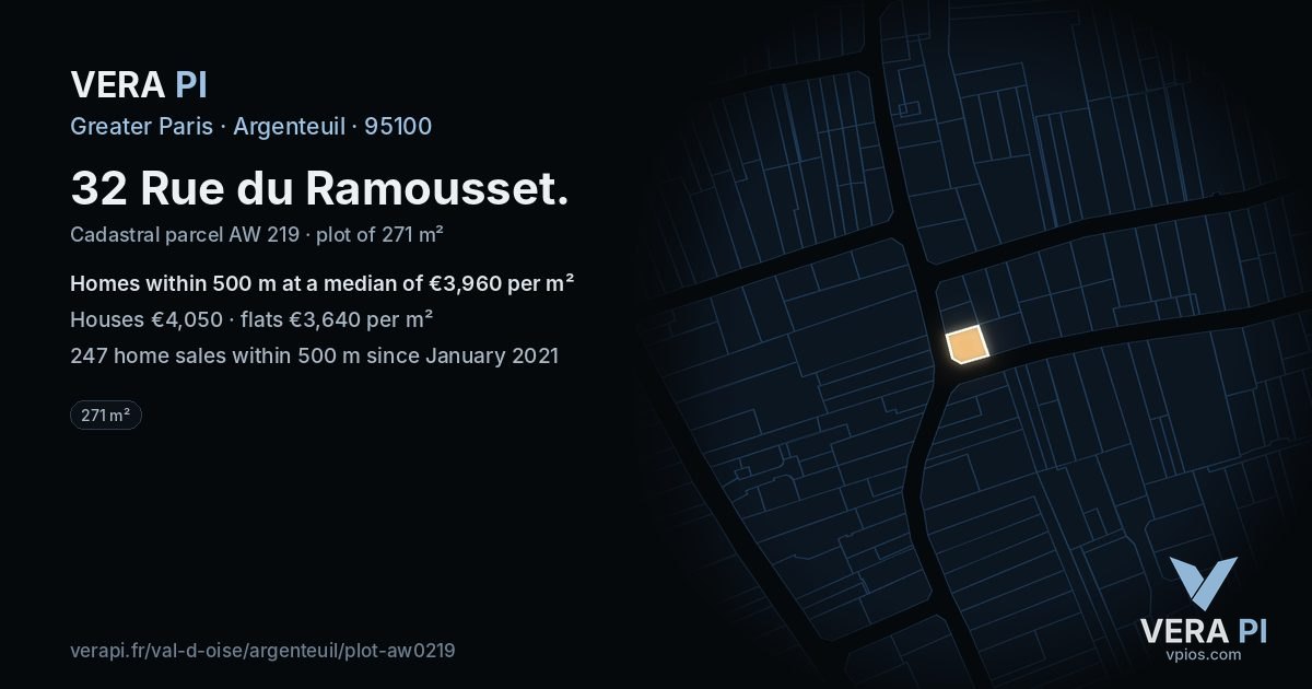 32 Rue du Ramousset, Argenteuil at night – the plot lit, the parcels around coloured by the prices near them
