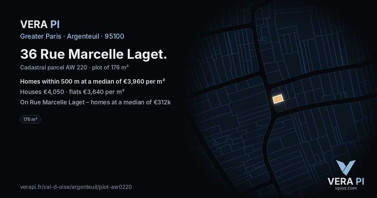 36 Rue Marcelle Laget, Argenteuil at night – the plot lit, the parcels around coloured by the prices near them