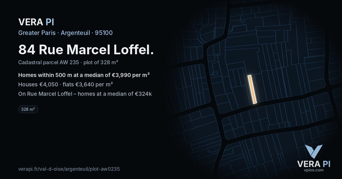 84 Rue Marcel Loffel, Argenteuil at night – the plot lit, the parcels around coloured by the prices near them