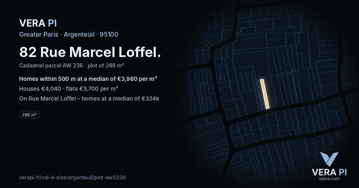 82 Rue Marcel Loffel, Argenteuil at night – the plot lit, the parcels around coloured by the prices near them