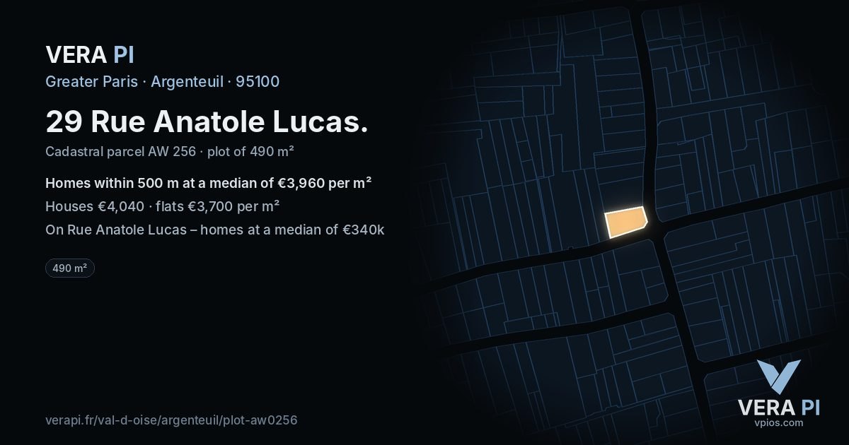 29 Rue Anatole Lucas, Argenteuil at night – the plot lit, the parcels around coloured by the prices near them