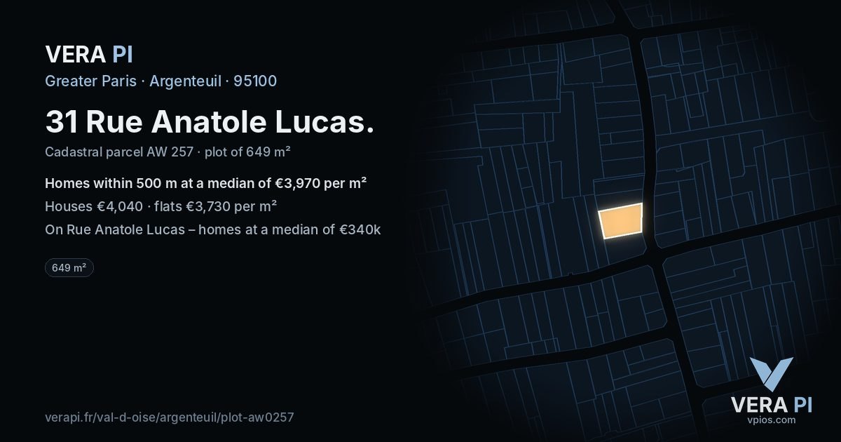 31 Rue Anatole Lucas, Argenteuil at night – the plot lit, the parcels around coloured by the prices near them