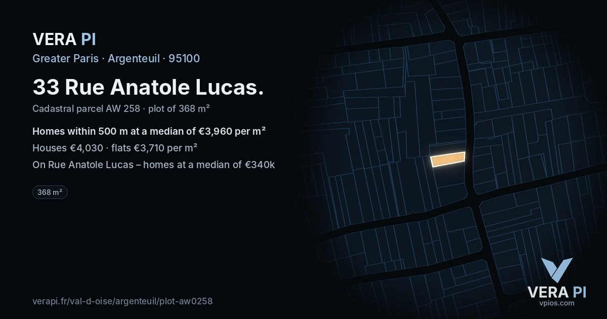 33 Rue Anatole Lucas, Argenteuil at night – the plot lit, the parcels around coloured by the prices near them