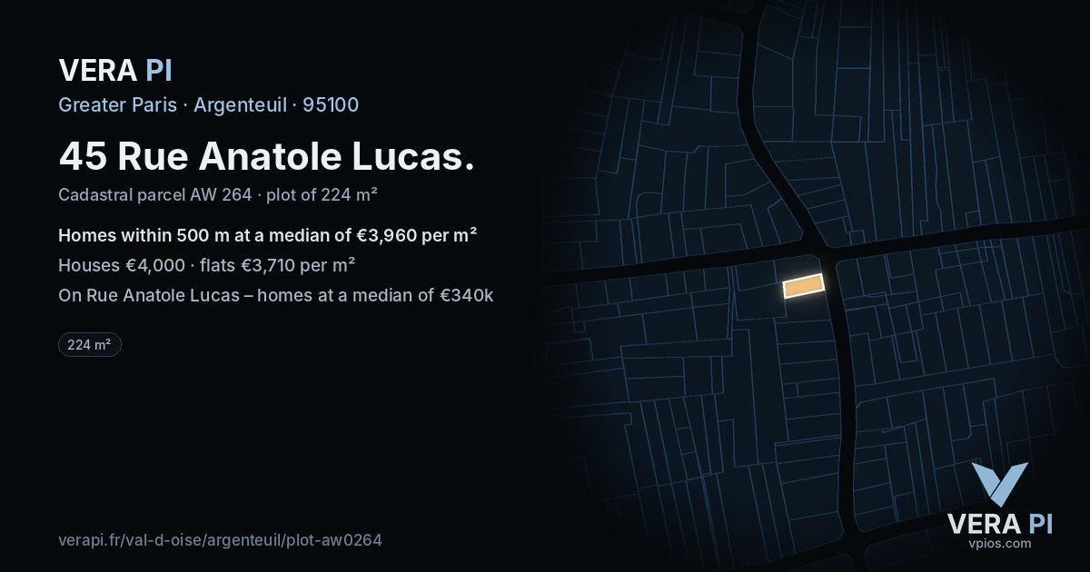 45 Rue Anatole Lucas, Argenteuil at night – the plot lit, the parcels around coloured by the prices near them